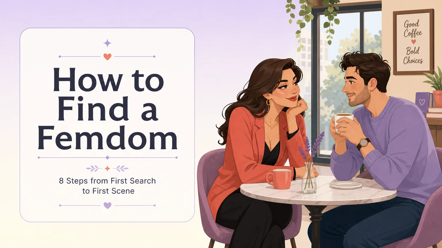How to Find a Femdom guide cover showing a confident woman and an attentive man talking at a cafe