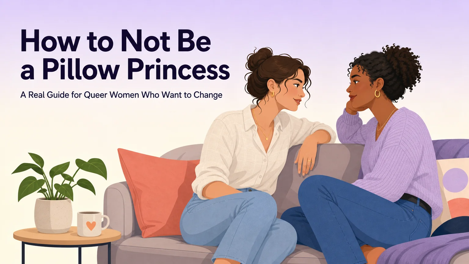 Two women talking on a couch, cover illustration for how to not be a pillow princess