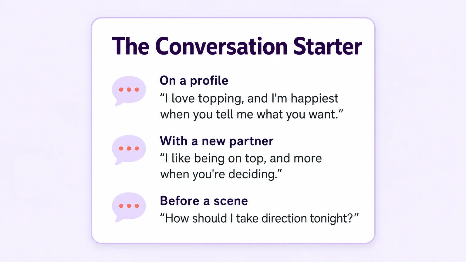 The Conversation Starter card with three scripts for a profile, a new partner and before a scene