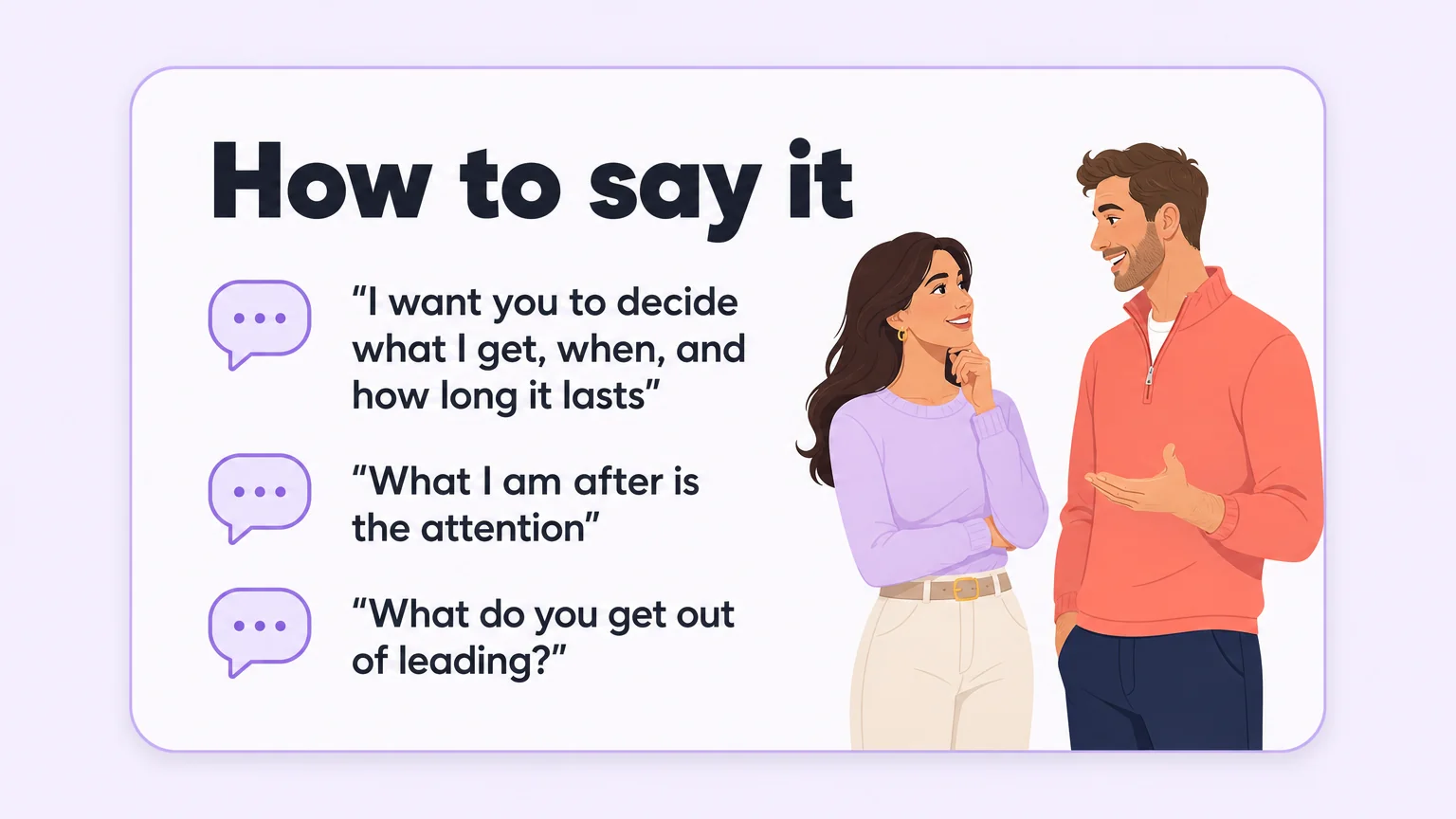 A card headed How to say it with three quoted lines for telling a partner what you want