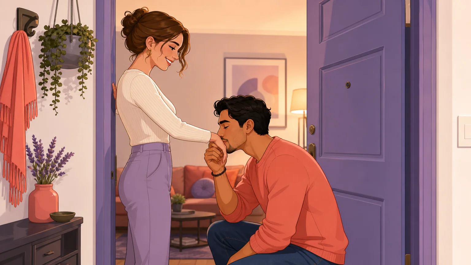 Couple at a doorway, a man kneeling to kiss her hand in a warm greeting ritual