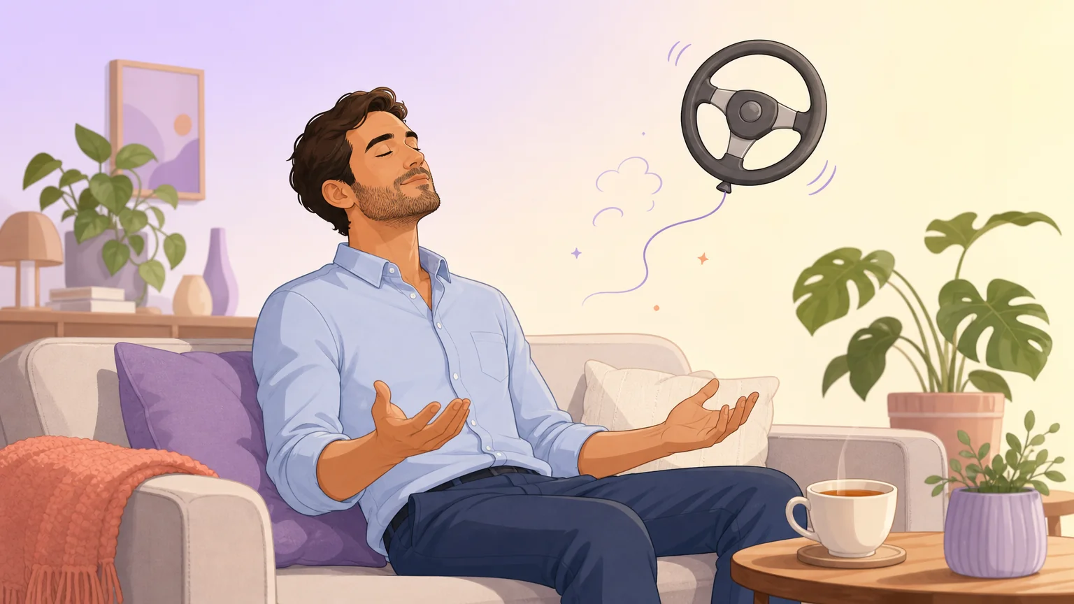 Illustration of a man relaxing on a couch as a small steering wheel drifts away from his open hands, a moment of letting go