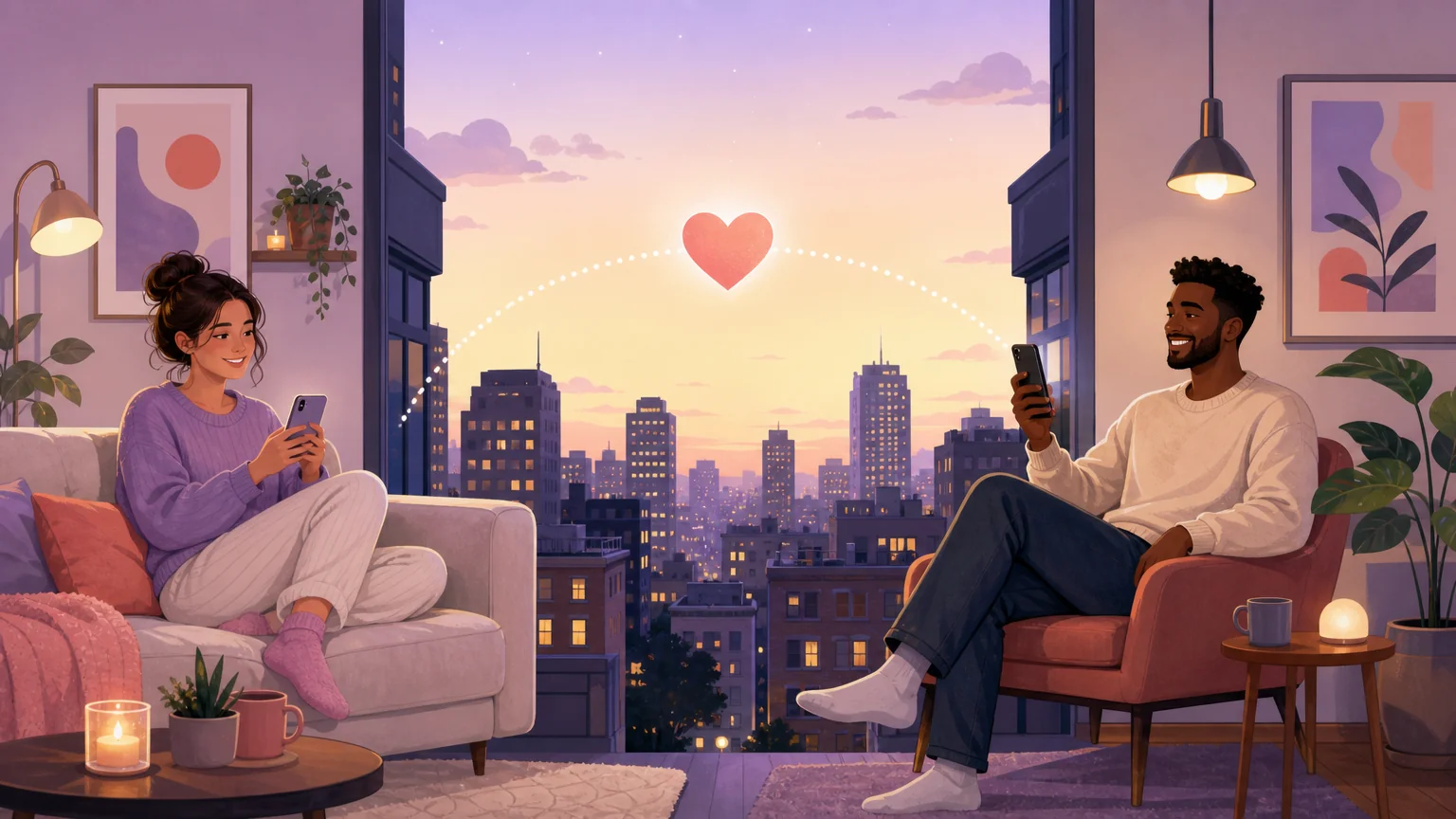 Two partners in separate apartments connected by a glowing heart across the city skyline