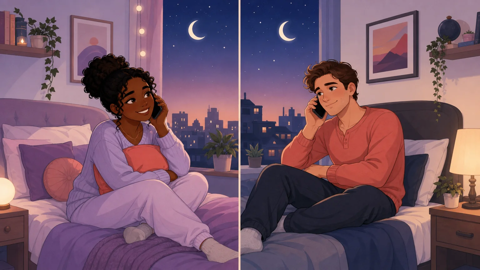 Split scene of a couple on a warm goodnight phone call under the same moon while apart