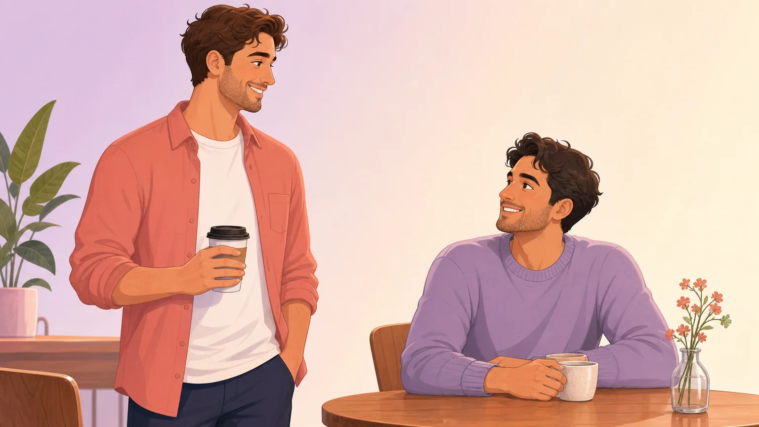 Two people meeting for the first time in a cafe, one holding coffee and the other a phone