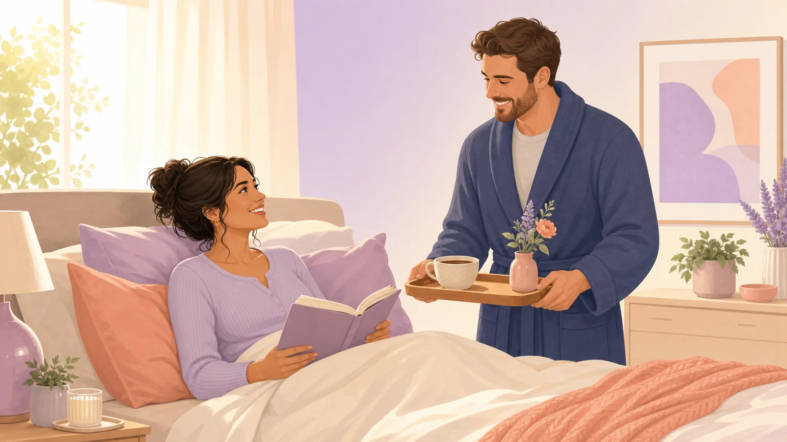 A partner bringing coffee to the one relaxing in bed on a bright morning
