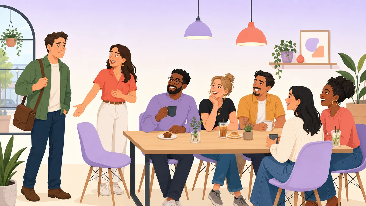 Illustration of a welcoming munch meetup where a newcomer joins a friendly group at a cafe