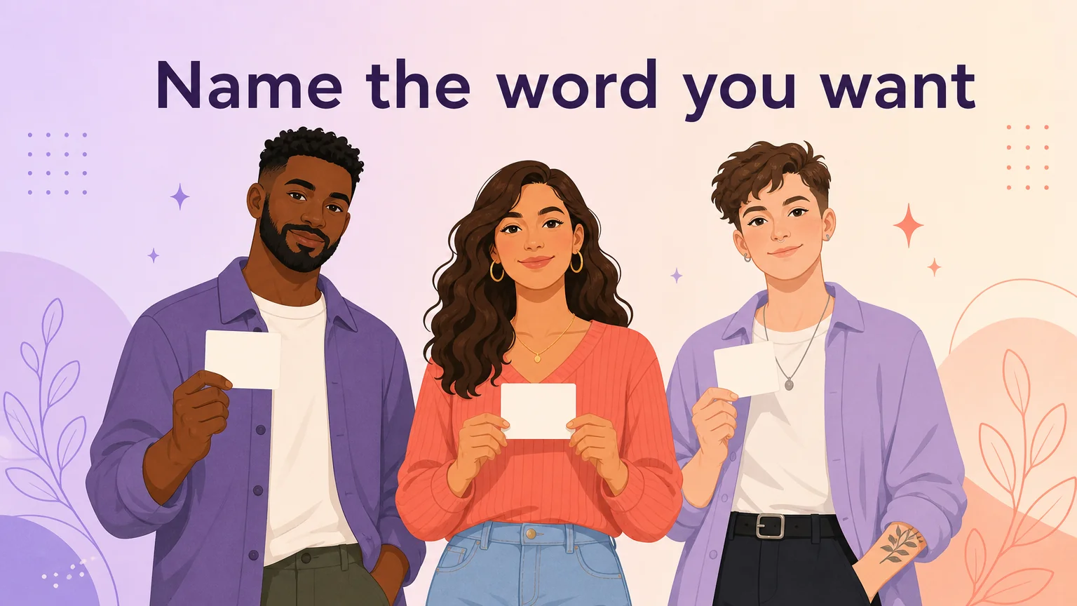 Three adults holding blank cards, representing choosing the words that fit your identity