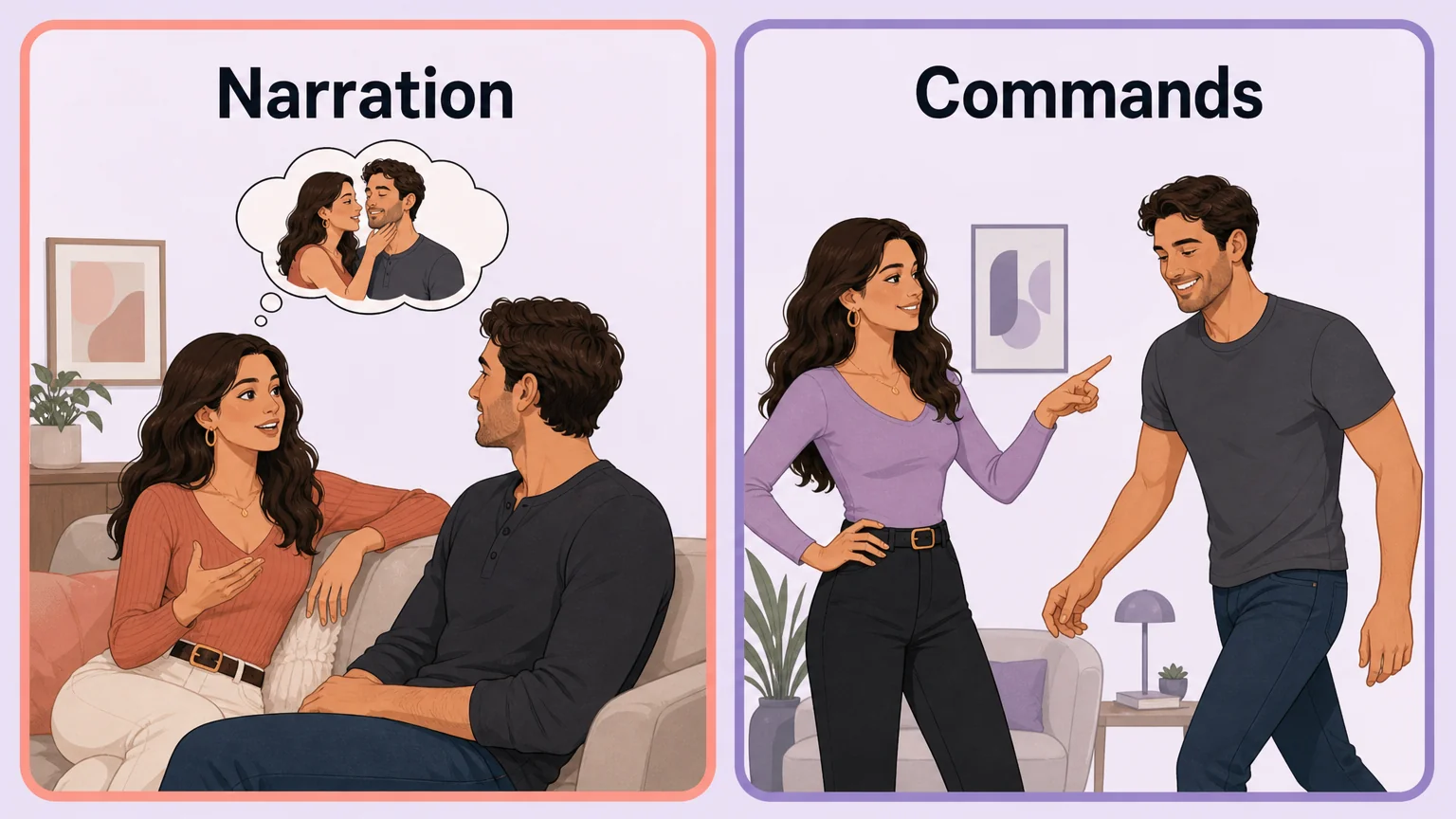 Two-panel illustration comparing the two building blocks of dominant dirty talk: narration on the left and commands on the right