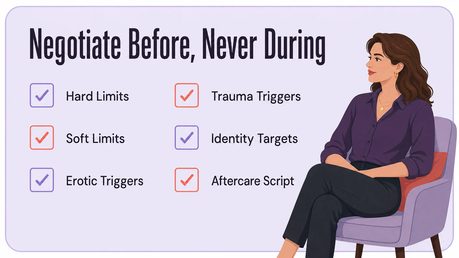 Checklist card titled Negotiate Before Never During, listing hard limits, soft limits, erotic triggers, trauma triggers, identity targets and aftercare script