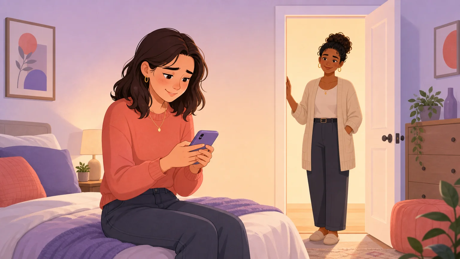 A woman sitting on a bed smiling nervously at her phone while her partner waits in the doorway