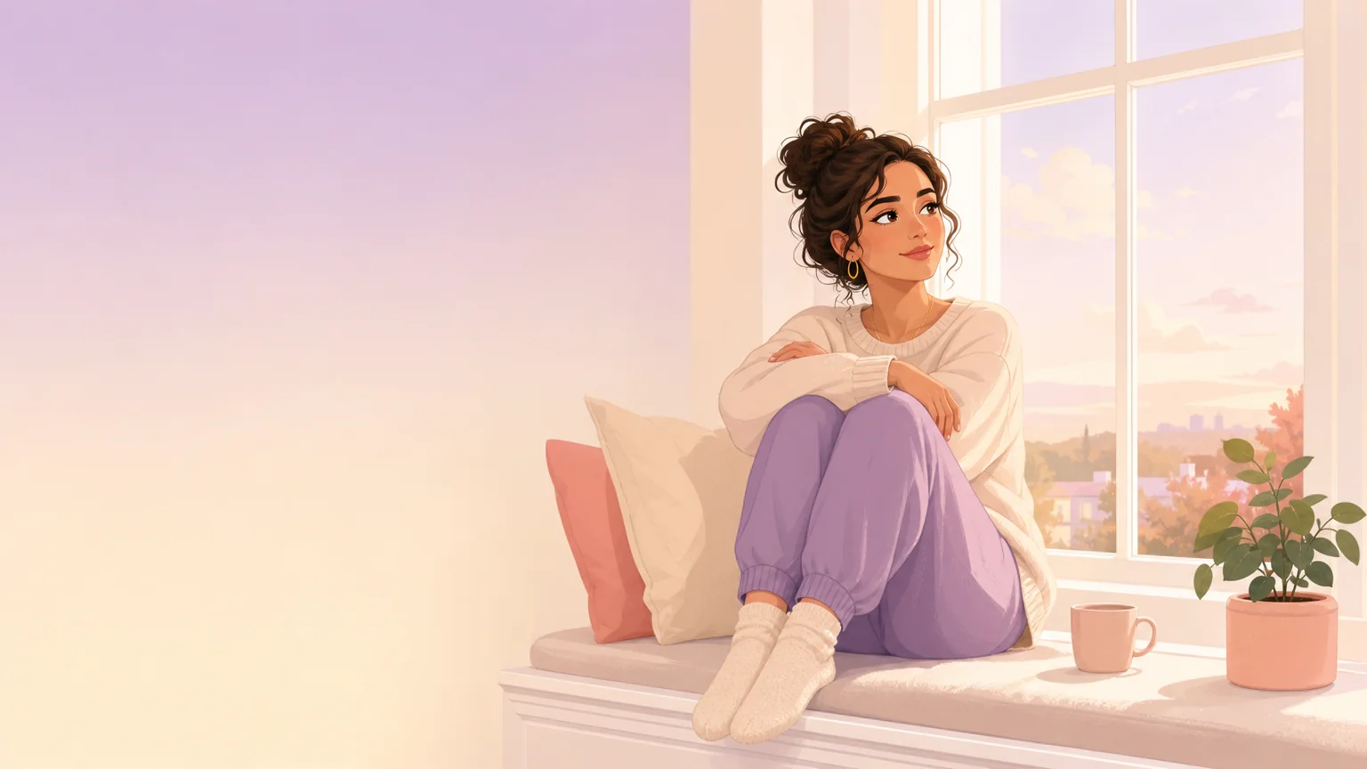 A woman sitting alone by a window, thoughtfully noticing what she wants