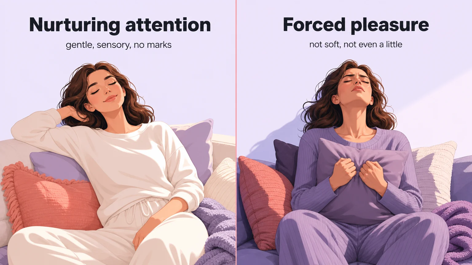 Two panels contrasting nurturing attention, gentle and sensory, with forced pleasure, not soft even a little