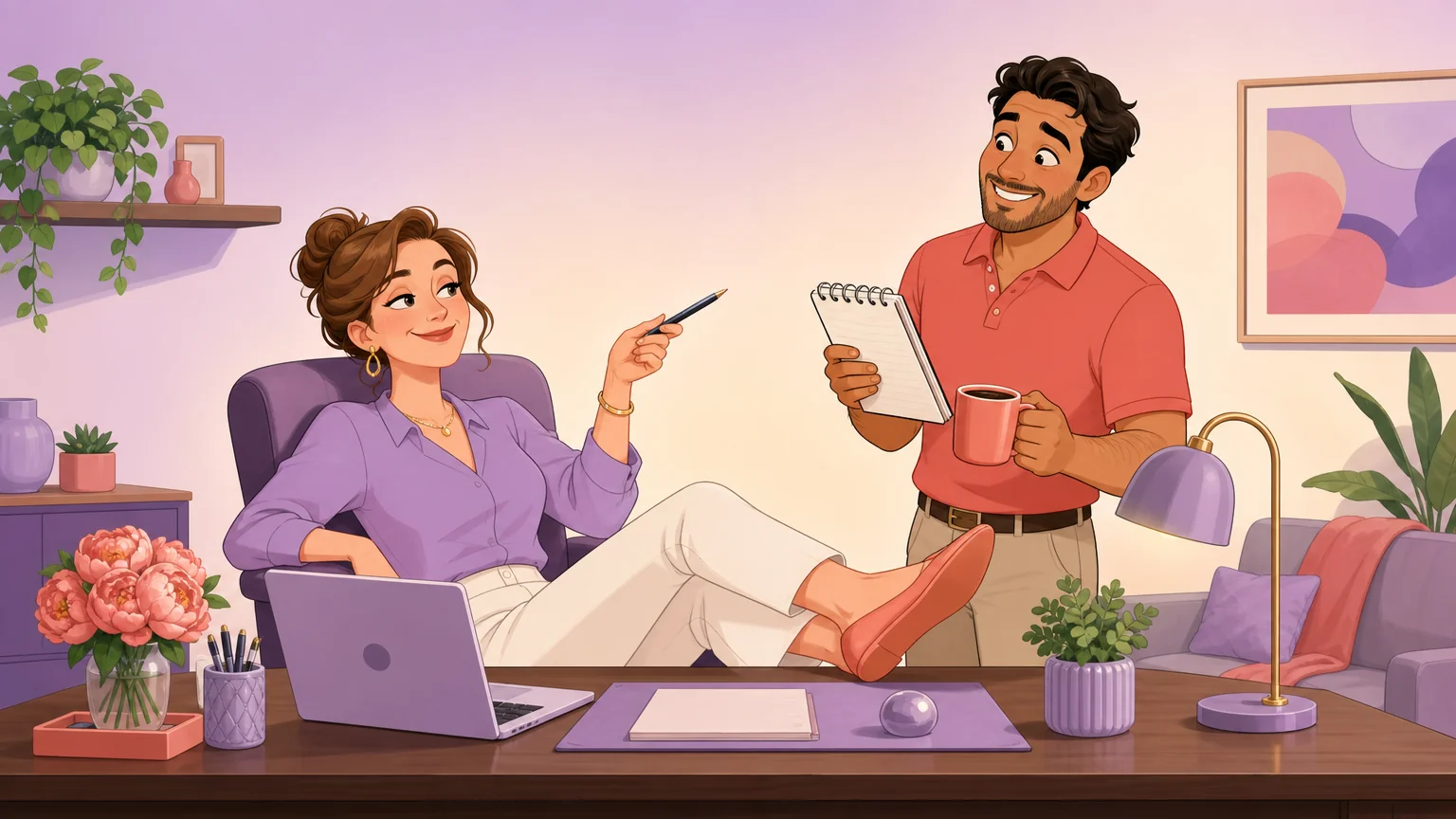 Playful office power-flip roleplay with her directing her cheerful assistant at home