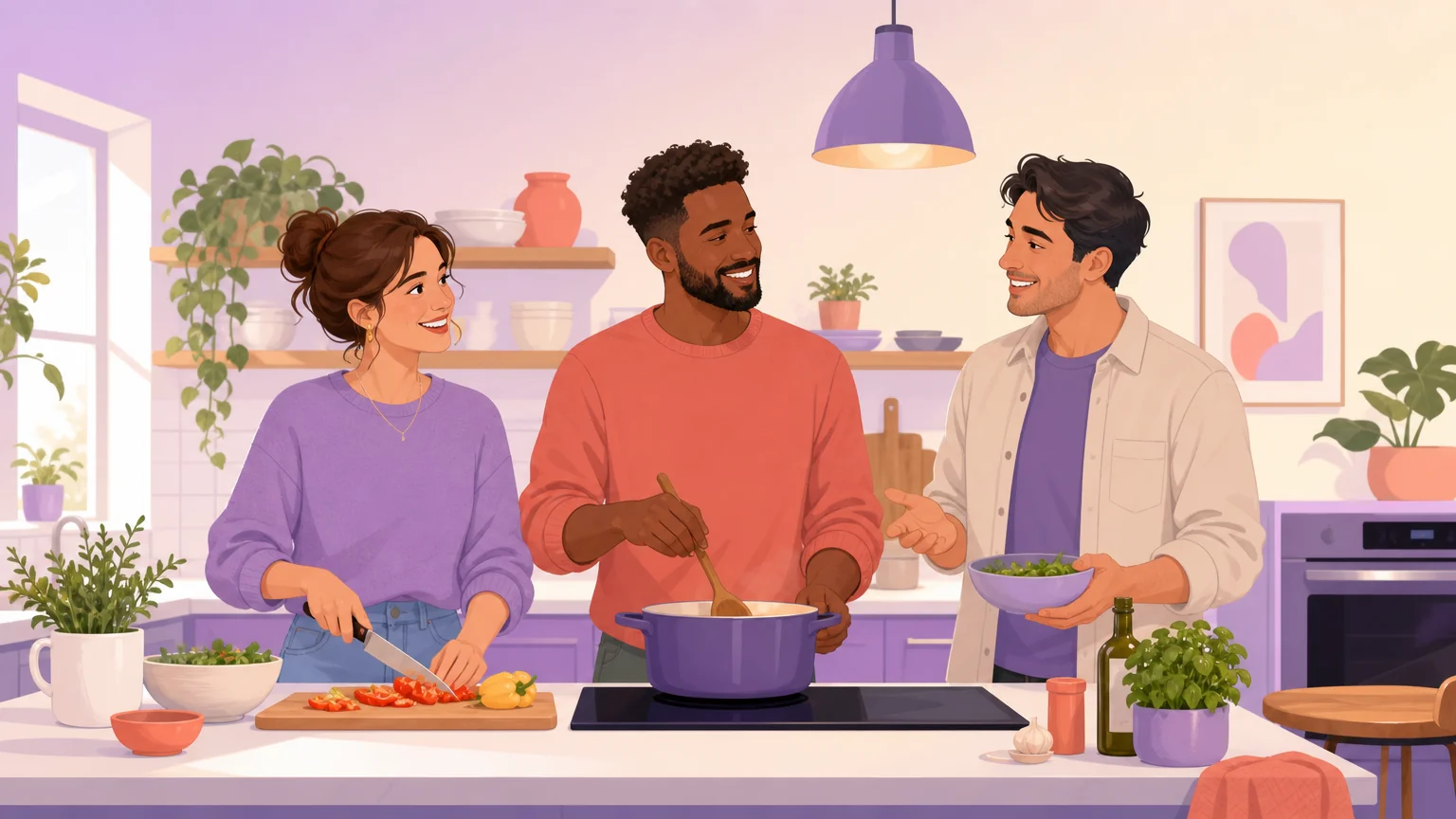 Three adults cooking together in a bright kitchen, illustrating submission inside open relationships