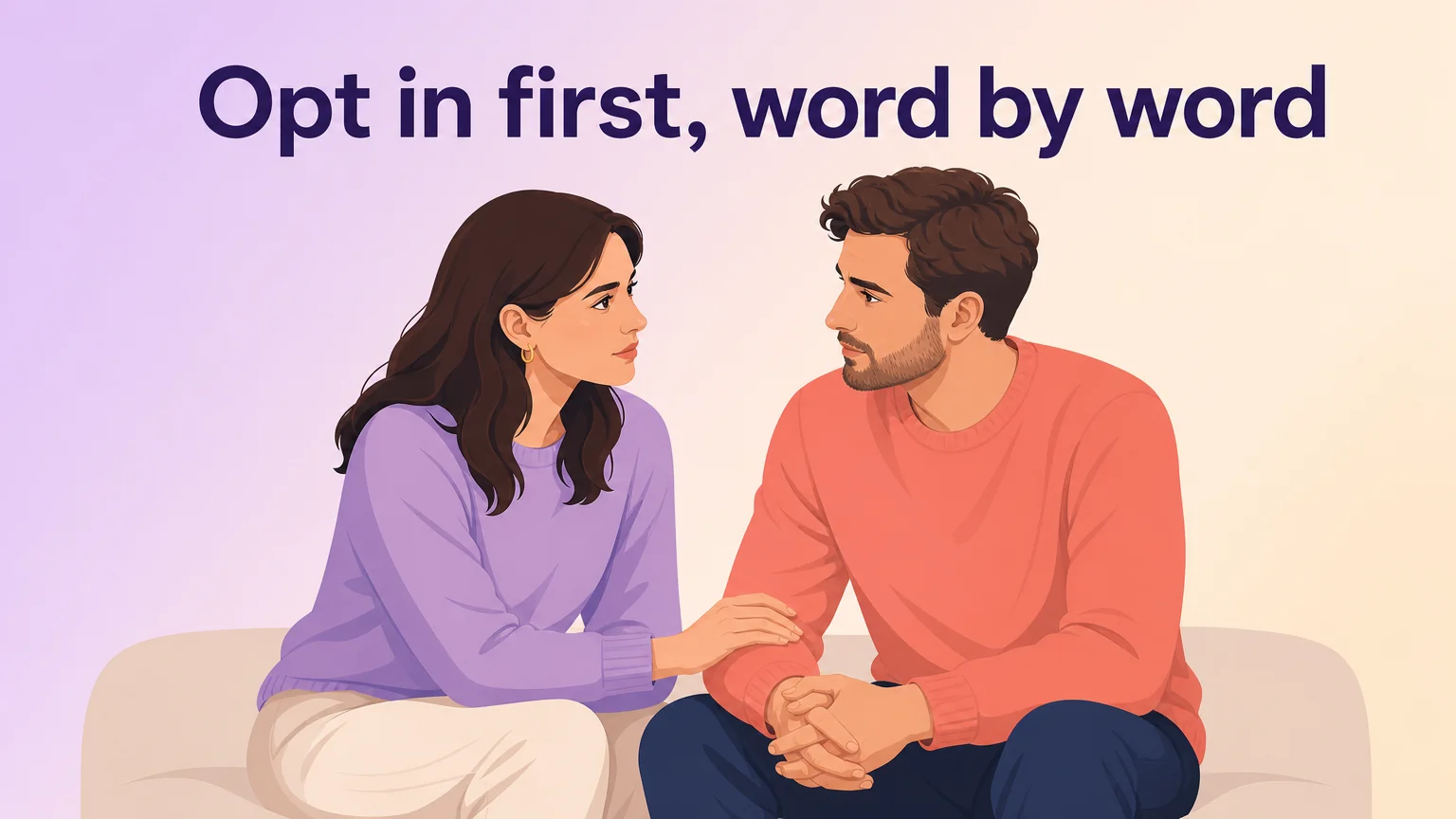 Two adults sitting close together having a careful, kind conversation about which names are permitted