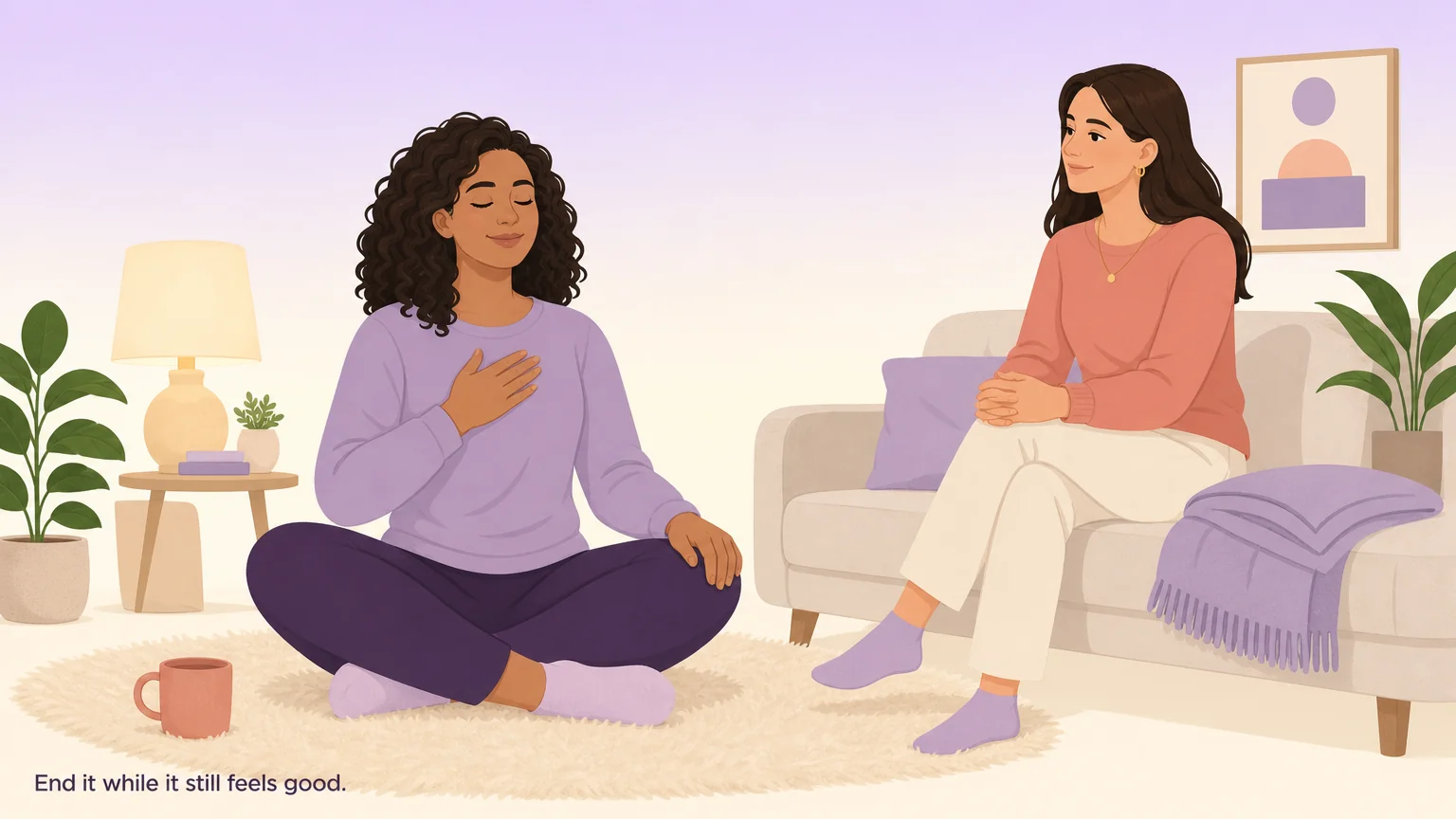 A woman grounding herself with a hand on her chest while her partner waits nearby