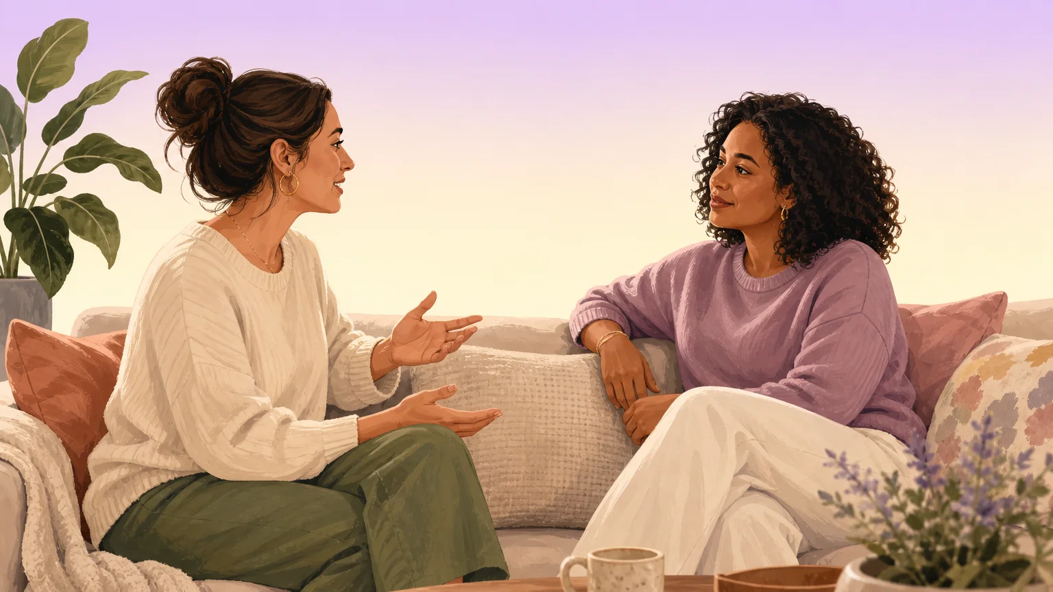 Two partners sitting on a sofa talking openly and listening to each other