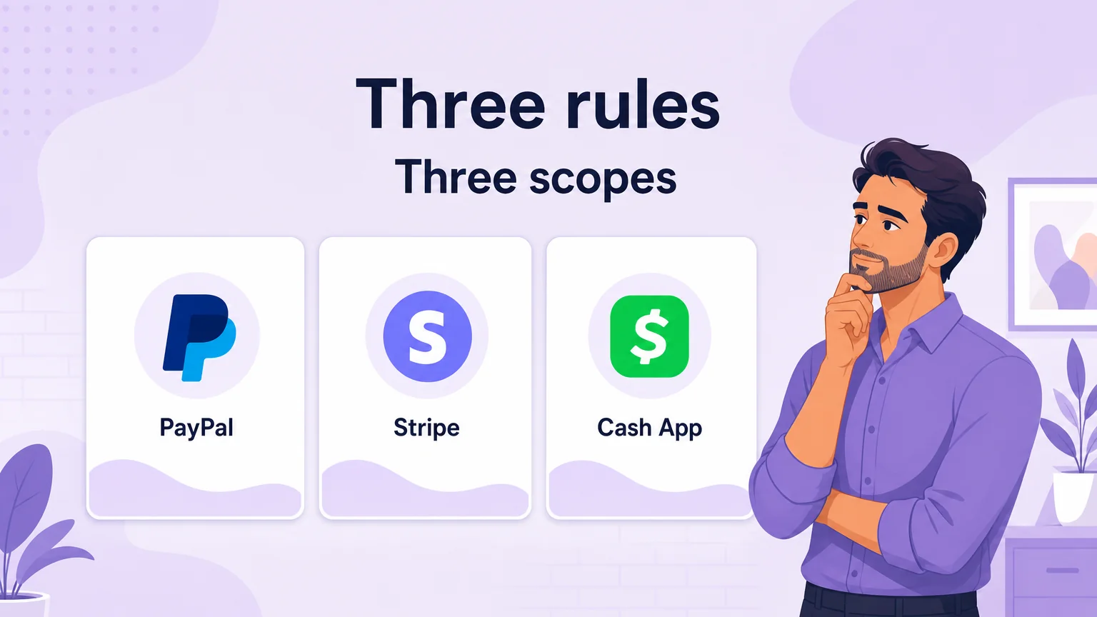 PayPal, Stripe and Cash App shown as three payment rules with three different scopes