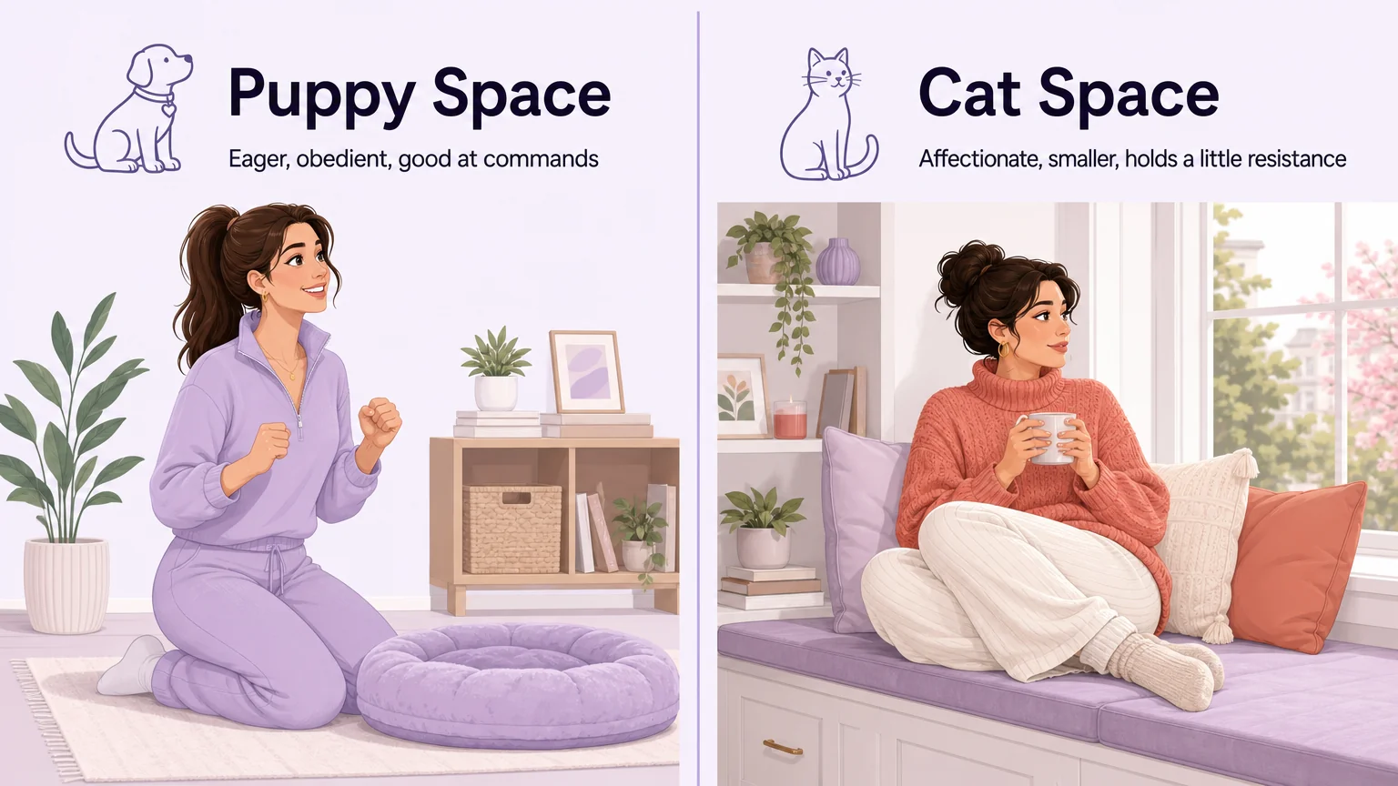 Two panels comparing puppy space, eager and obedient, with cat space, affectionate and self-possessed