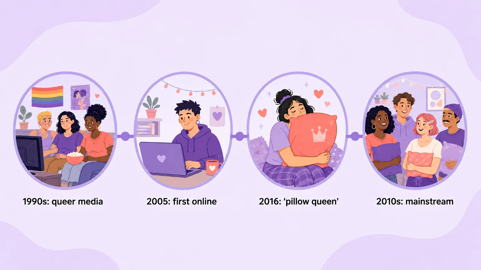 Timeline tracing the term pillow queen from 1990s queer media to 2010s mainstream