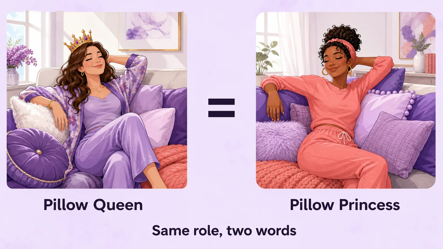 Side-by-side illustration of a pillow queen and a pillow princess linked by an equals sign, captioned Same role, two words