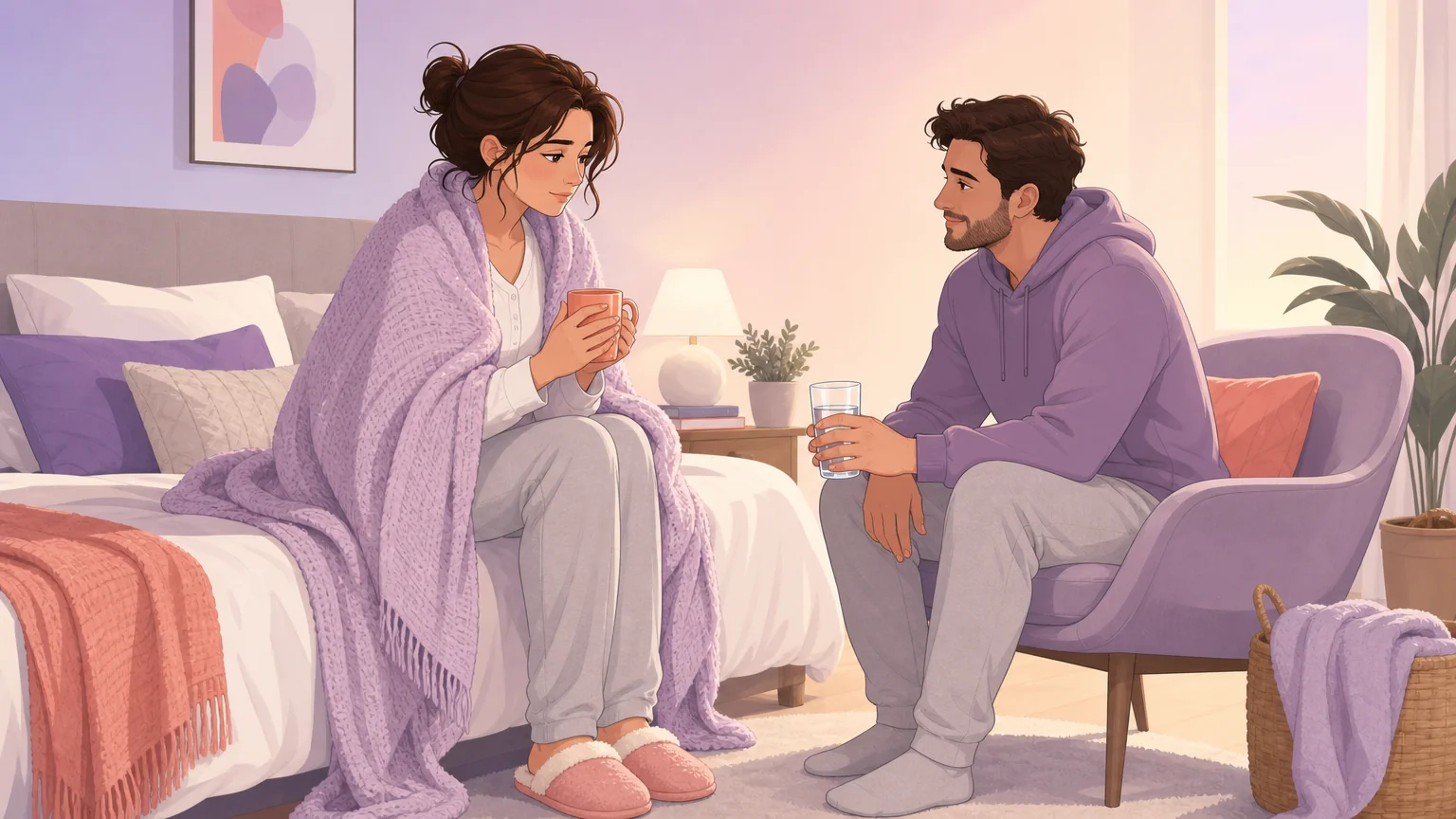 One partner wrapped in a blanket holding a warm mug while the other offers a glass of water