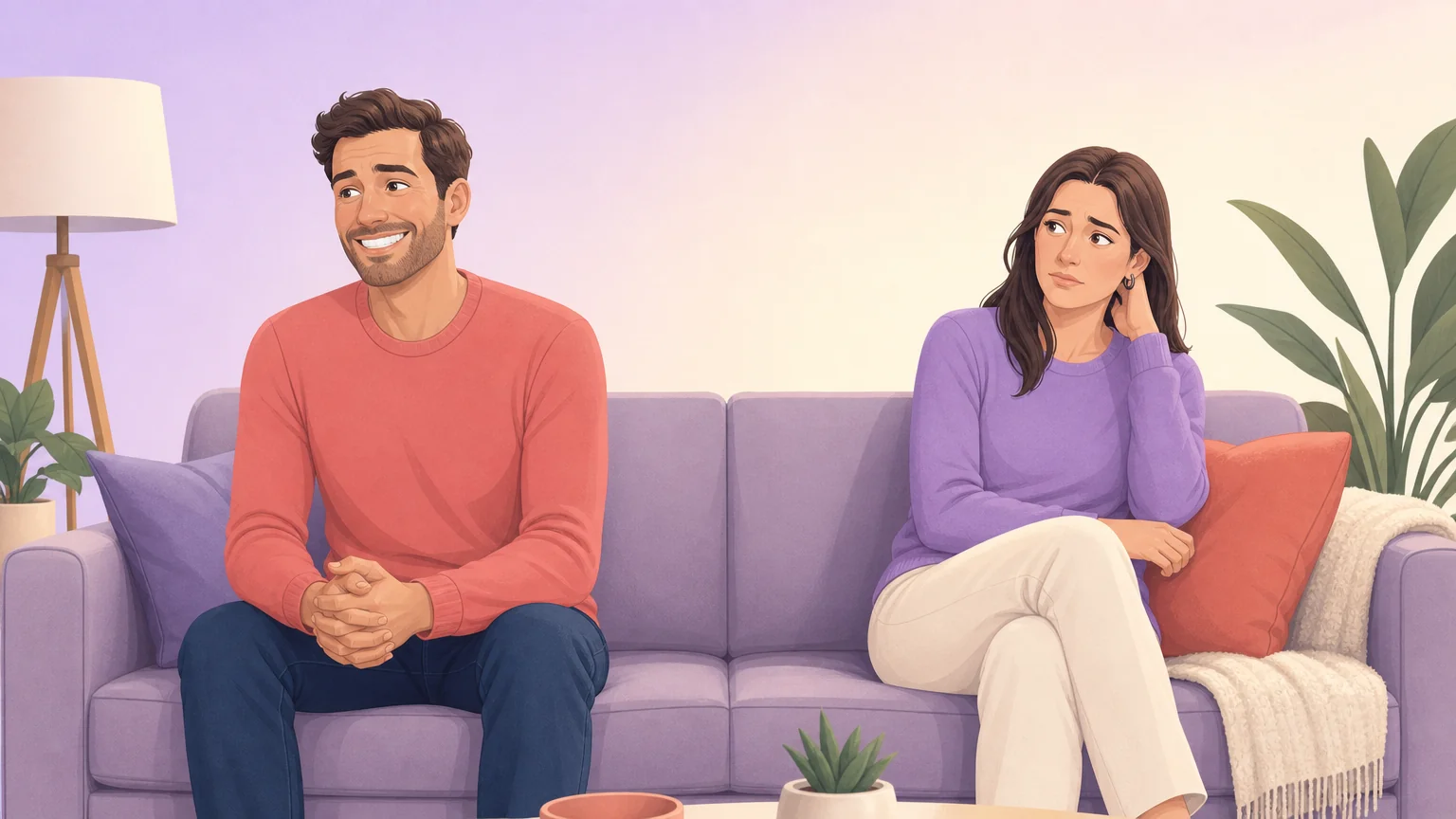 Two people on a sofa: one smiling too brightly and performing enjoyment, the other watching with quiet concern
