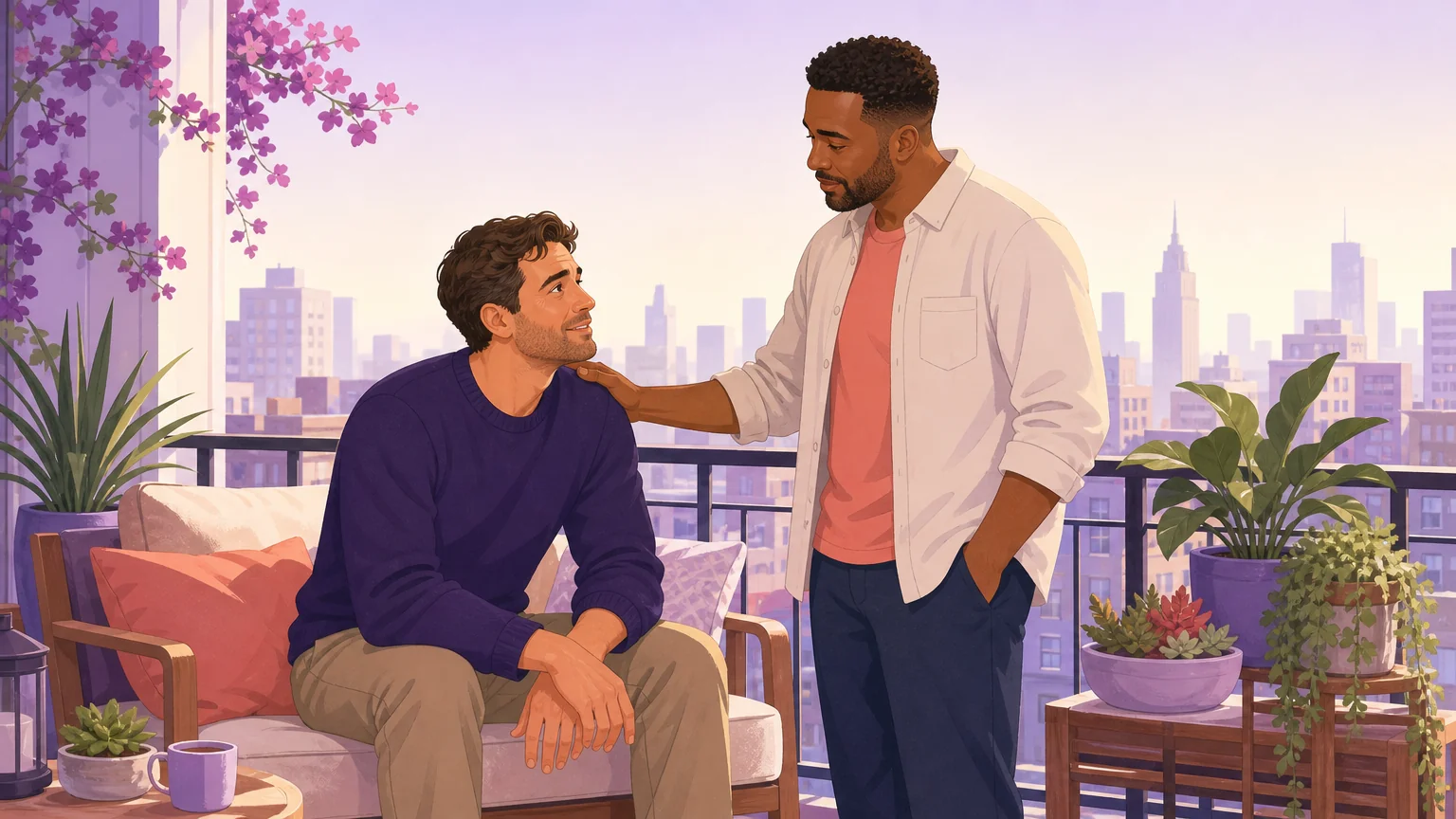 Two men having an affirming conversation about being a power bottom