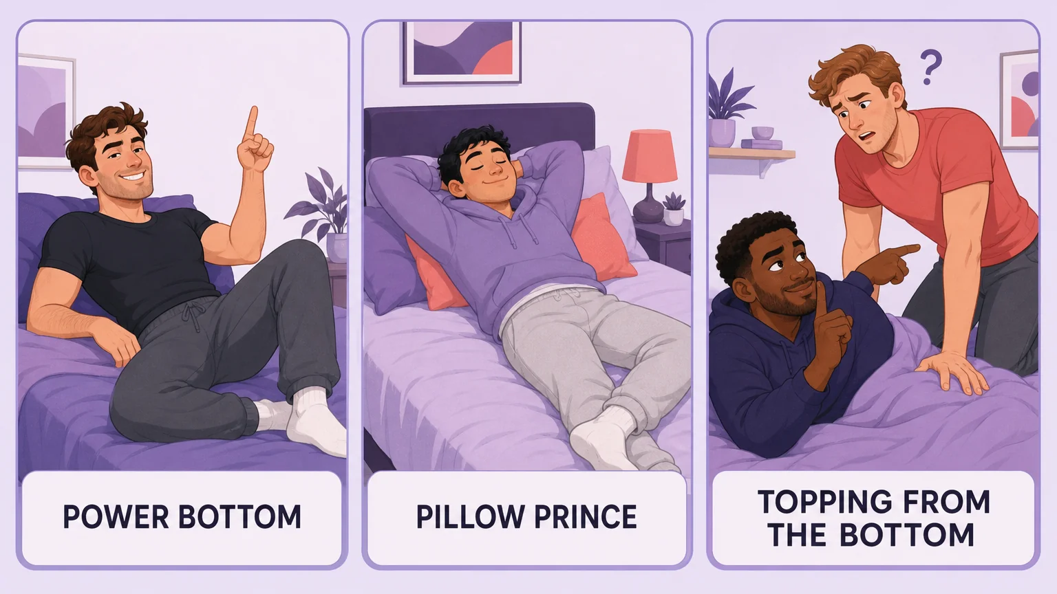 Three-panel comparison of power bottom, pillow prince, and topping from the bottom