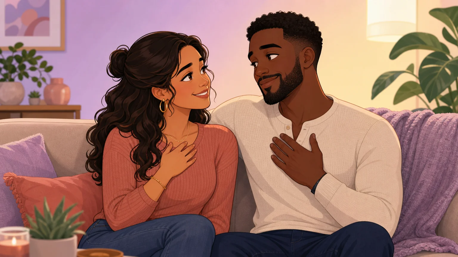 Couple on a sofa, a woman giving a genuine compliment while he lights up