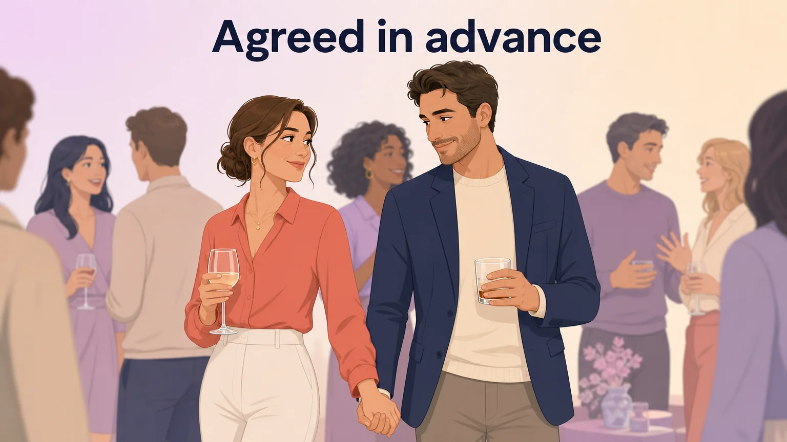 Two adults at a party exchanging a quiet hand squeeze, a public-safe code agreed in advance
