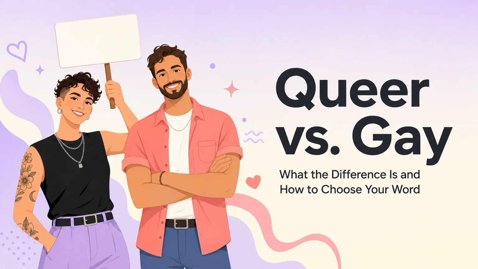 Two adults holding a blank sign beside the article title Queer vs. Gay