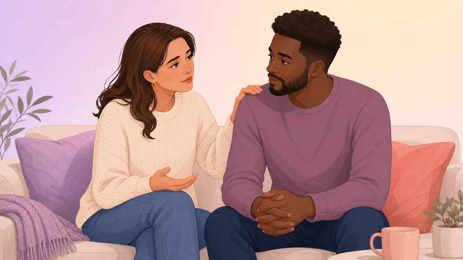 A woman speaking gently and calmly to her partner on a sofa, one hand on his shoulder, in a caring moment