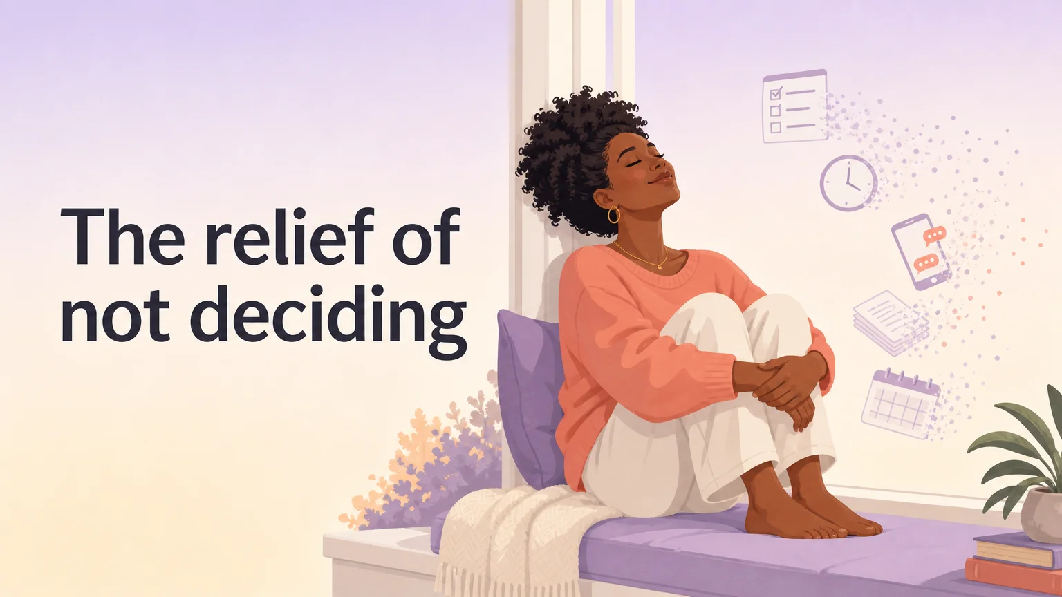 A woman resting on a window seat with shoulders dropped, as checklists and clocks drift away from her
