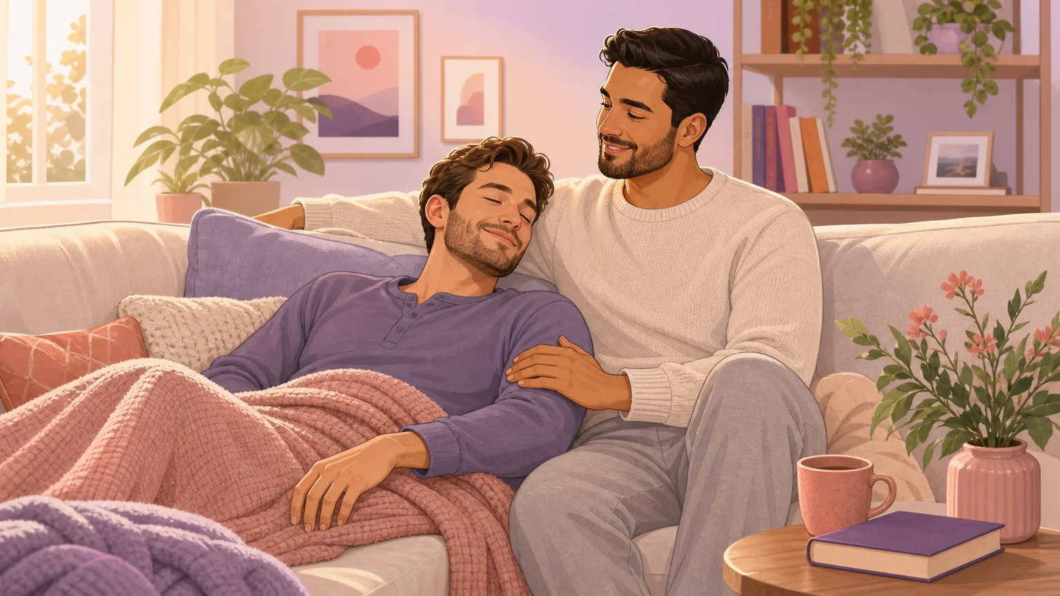 Two men resting together on a couch without strain