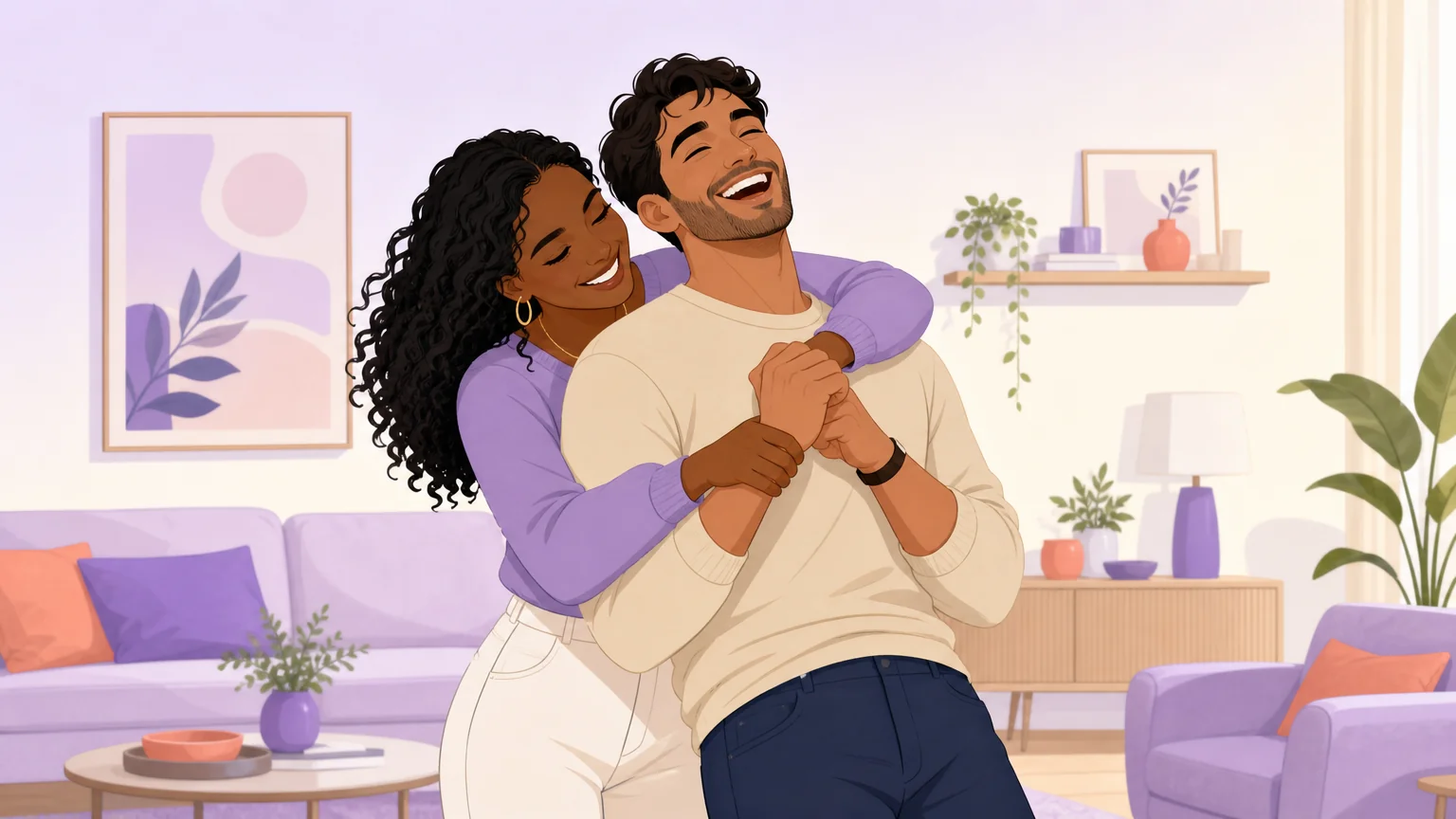 A partner held in a gentle, playful embrace with wrists softly gathered