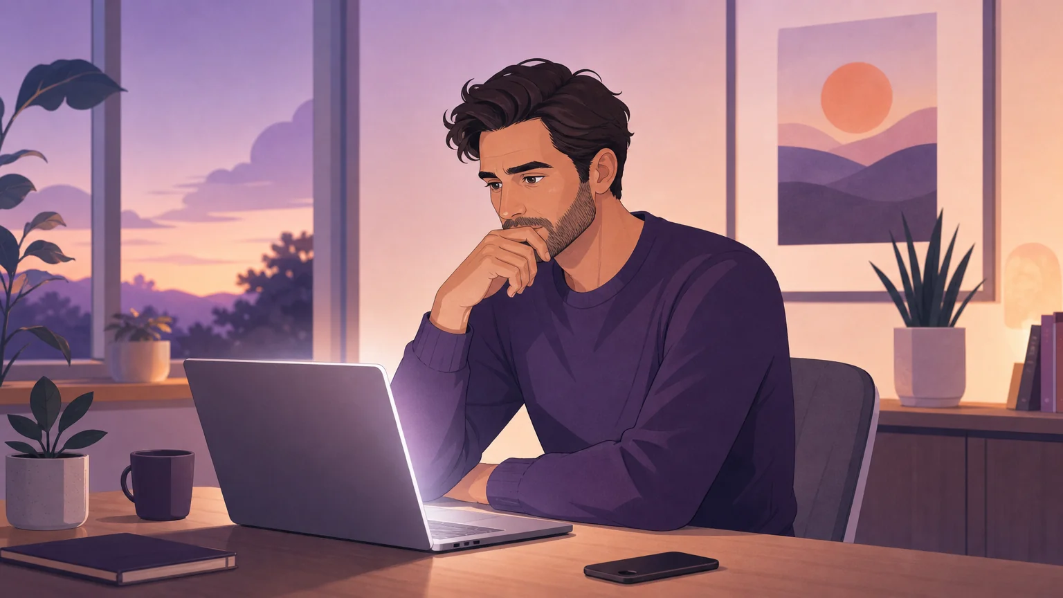 A financial dominant working alone at night, illustrating the privacy risk of the work