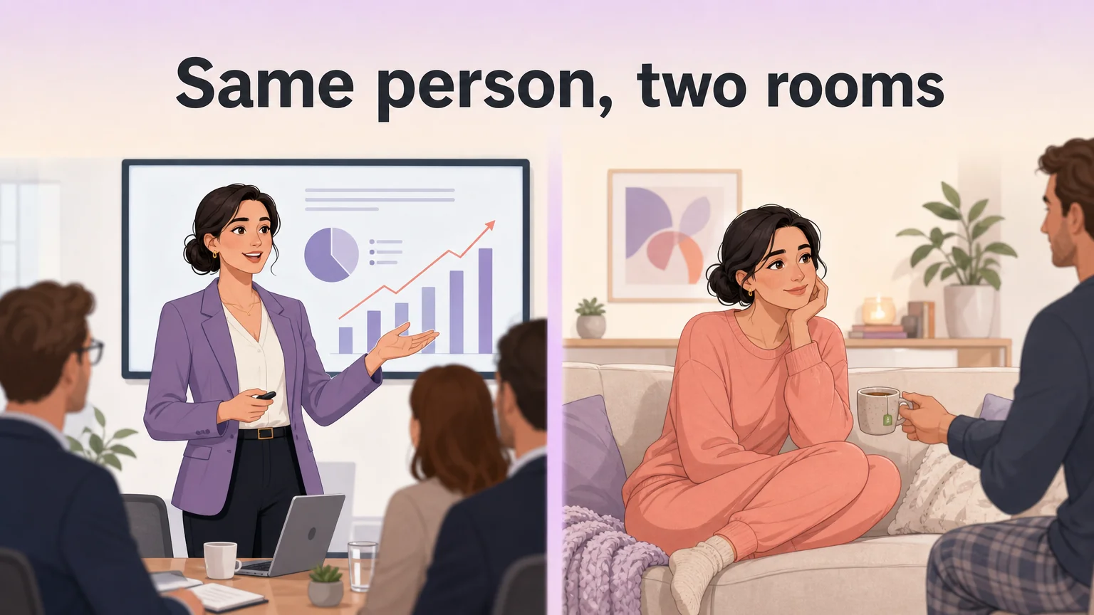 The same woman leading a meeting at work and then resting on a sofa at home with a mug of tea