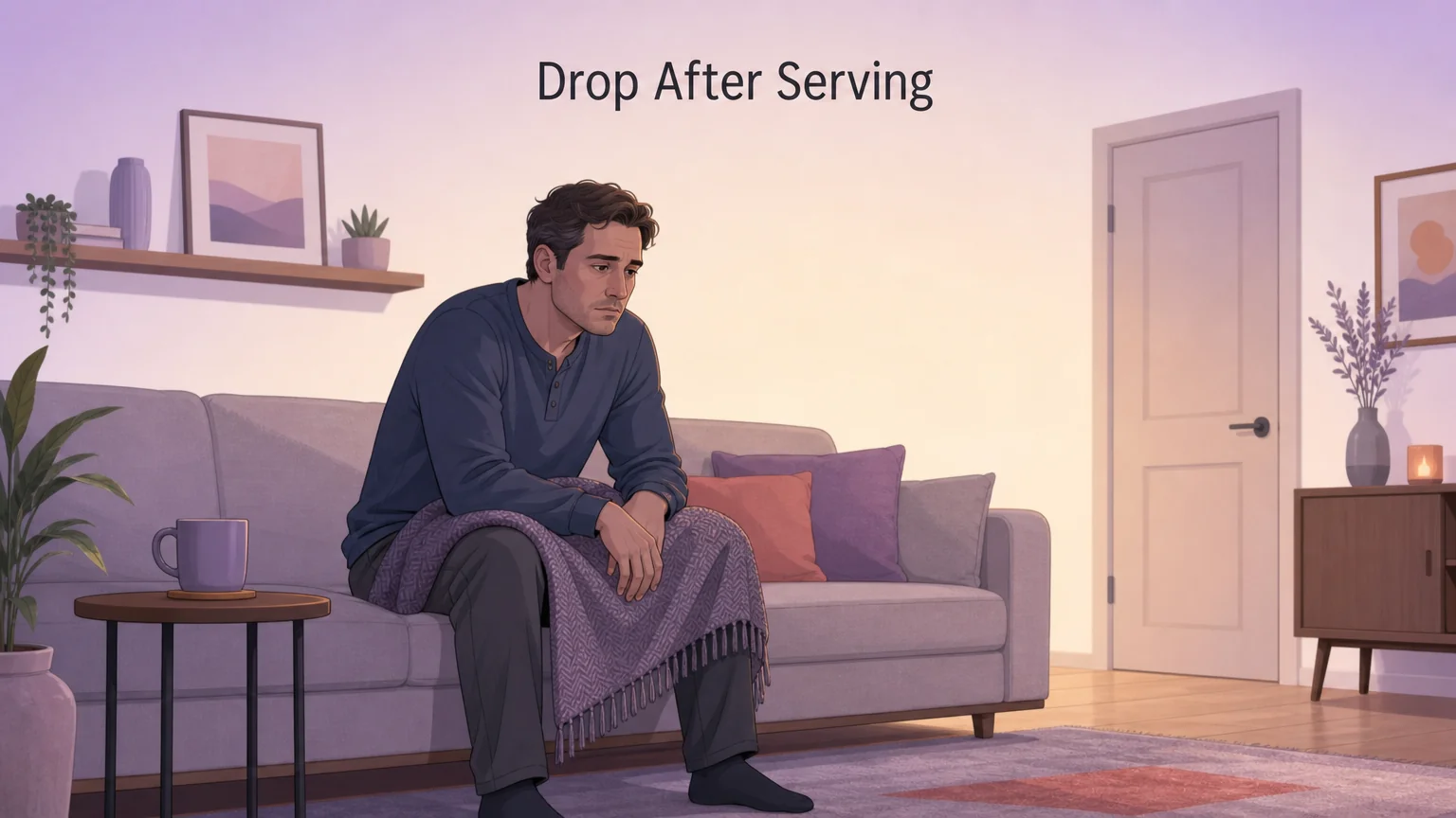 Illustration of someone sitting alone on a sofa after their partner has gone