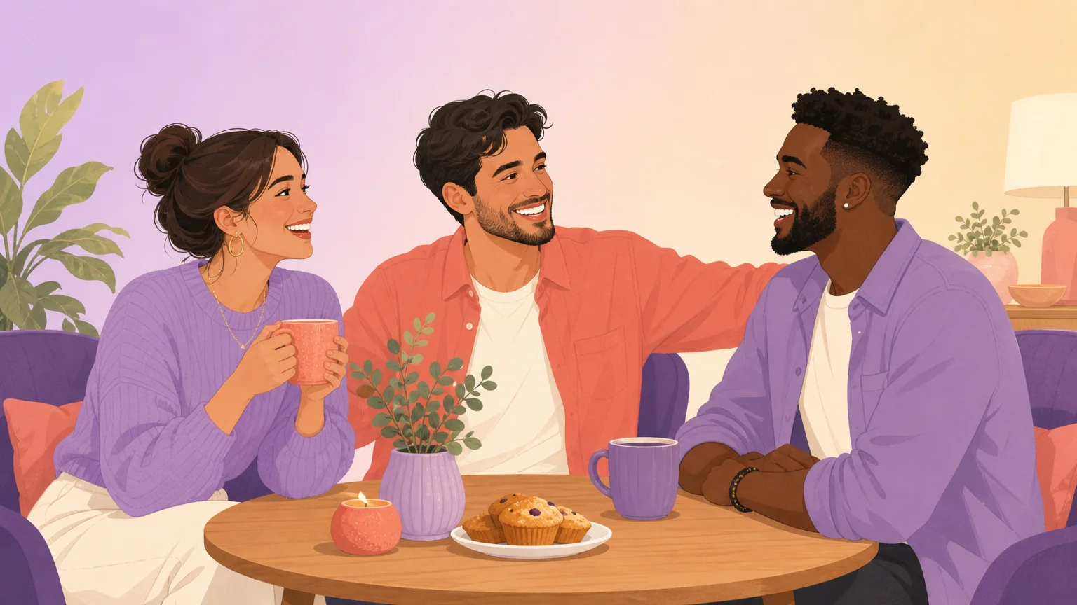 Scenario illustration of three people around a table negotiating roles for a group scene