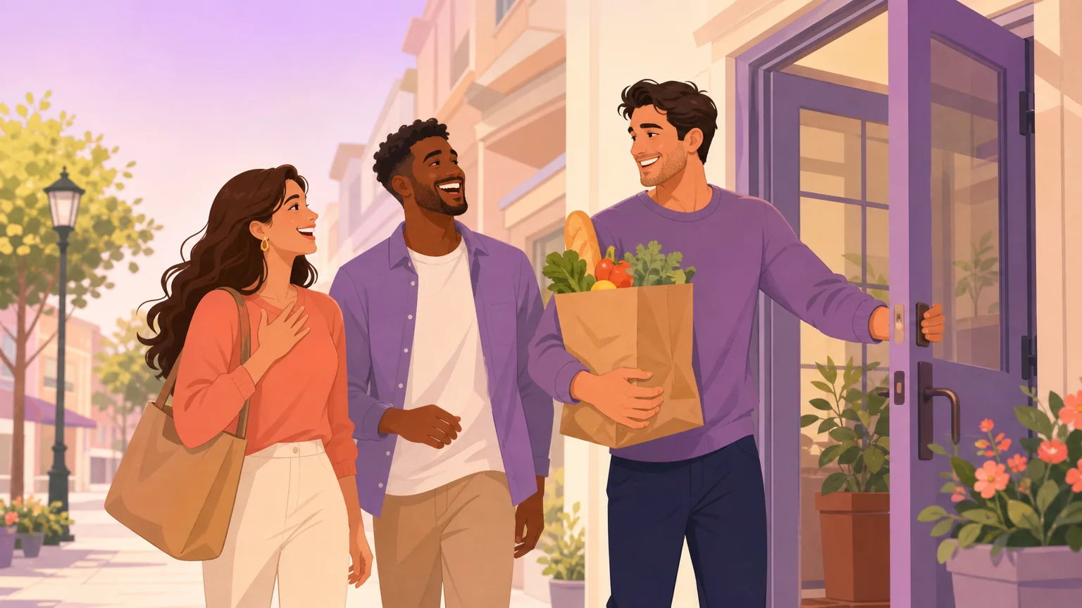 Scenario illustration of a service top carrying the bags and holding the door for friends