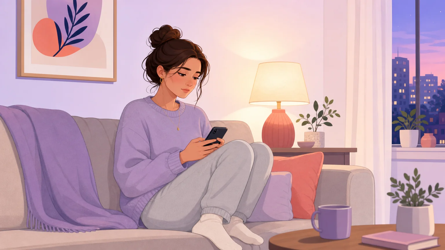Someone sitting alone on a sofa in the evening looking at their phone during a drop