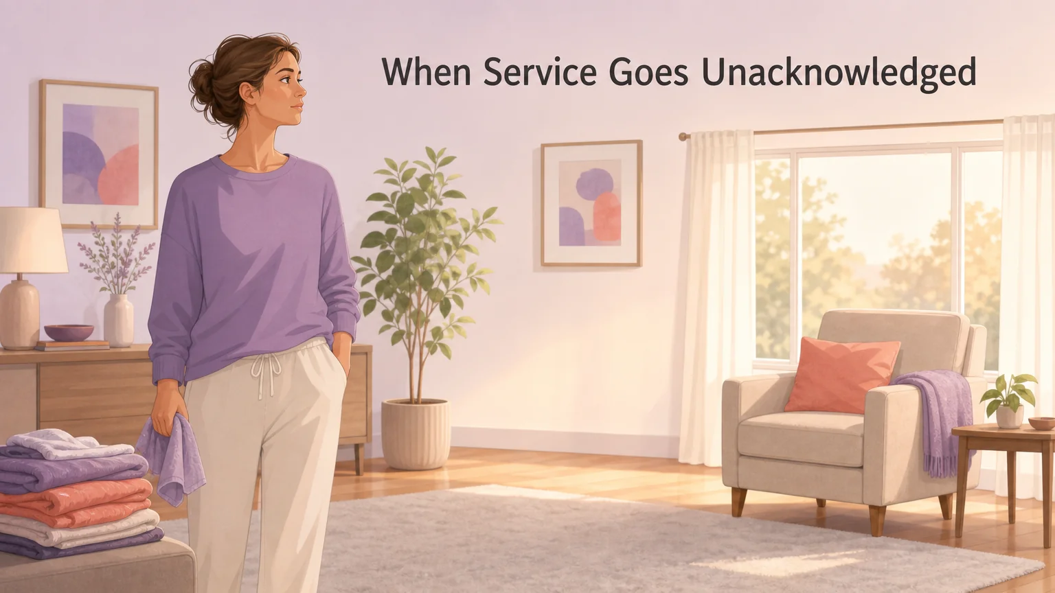 Illustration of someone standing alone in a tidy room they have just finished clearing