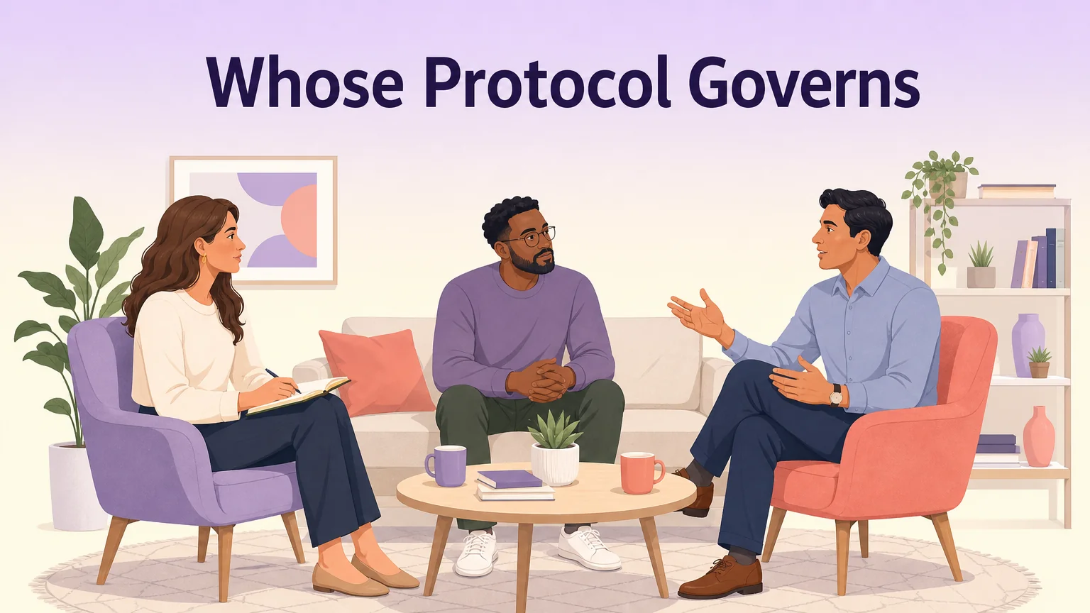 Three adults in conversation around a table working out whose protocol governs