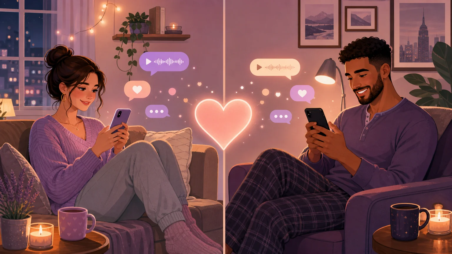 Two partners in separate cozy rooms smiling at their phones, a glowing pastel heart and soft chat bubbles floating between them across the divide