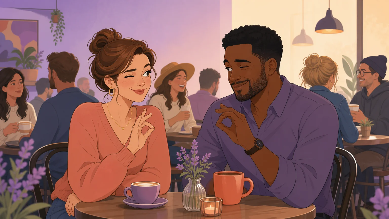 Couple sharing a secret wink and a subtle hand signal in a busy cafe