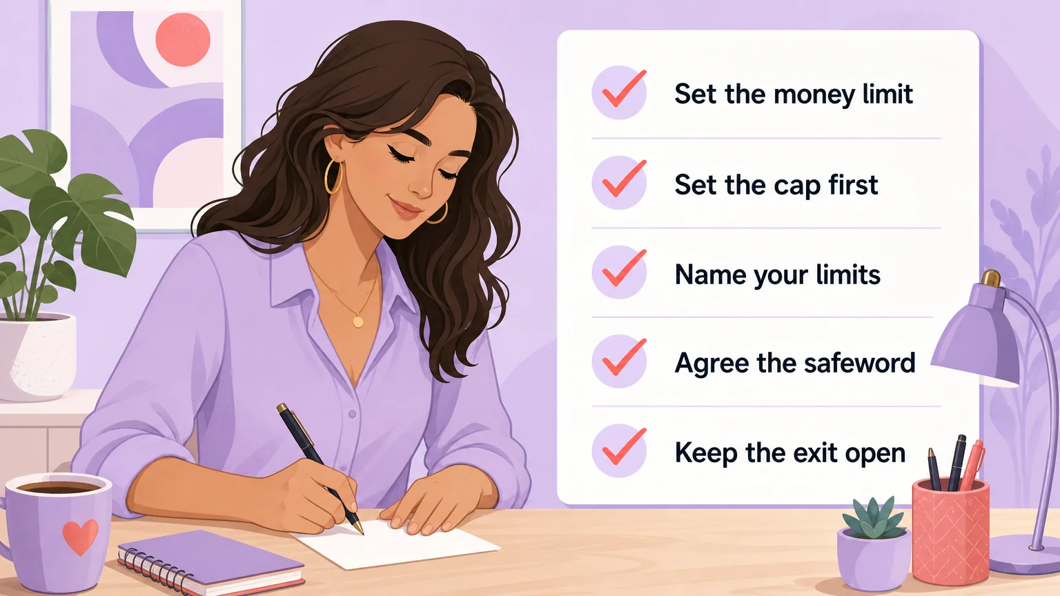 Checklist card for setting a money limit: the cap, your limits, the safeword, and an open exit
