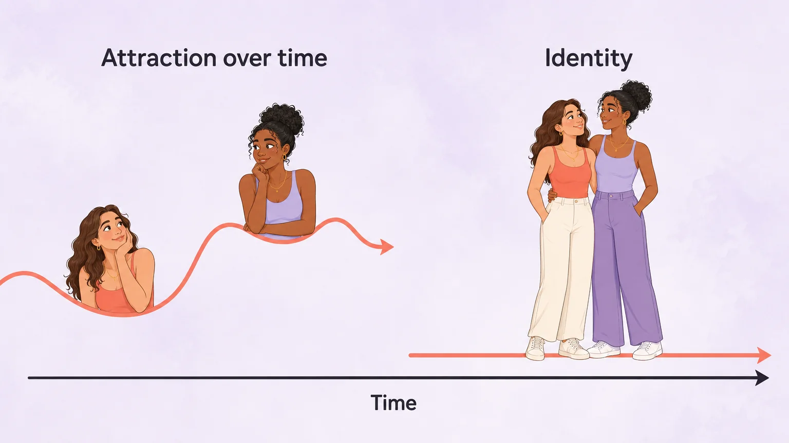 Diagram contrasting attraction changing over time with a steady sense of identity