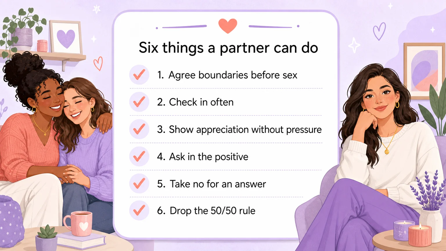 Checklist card listing six things a partner can do, from agreeing boundaries to dropping the 50/50 rule